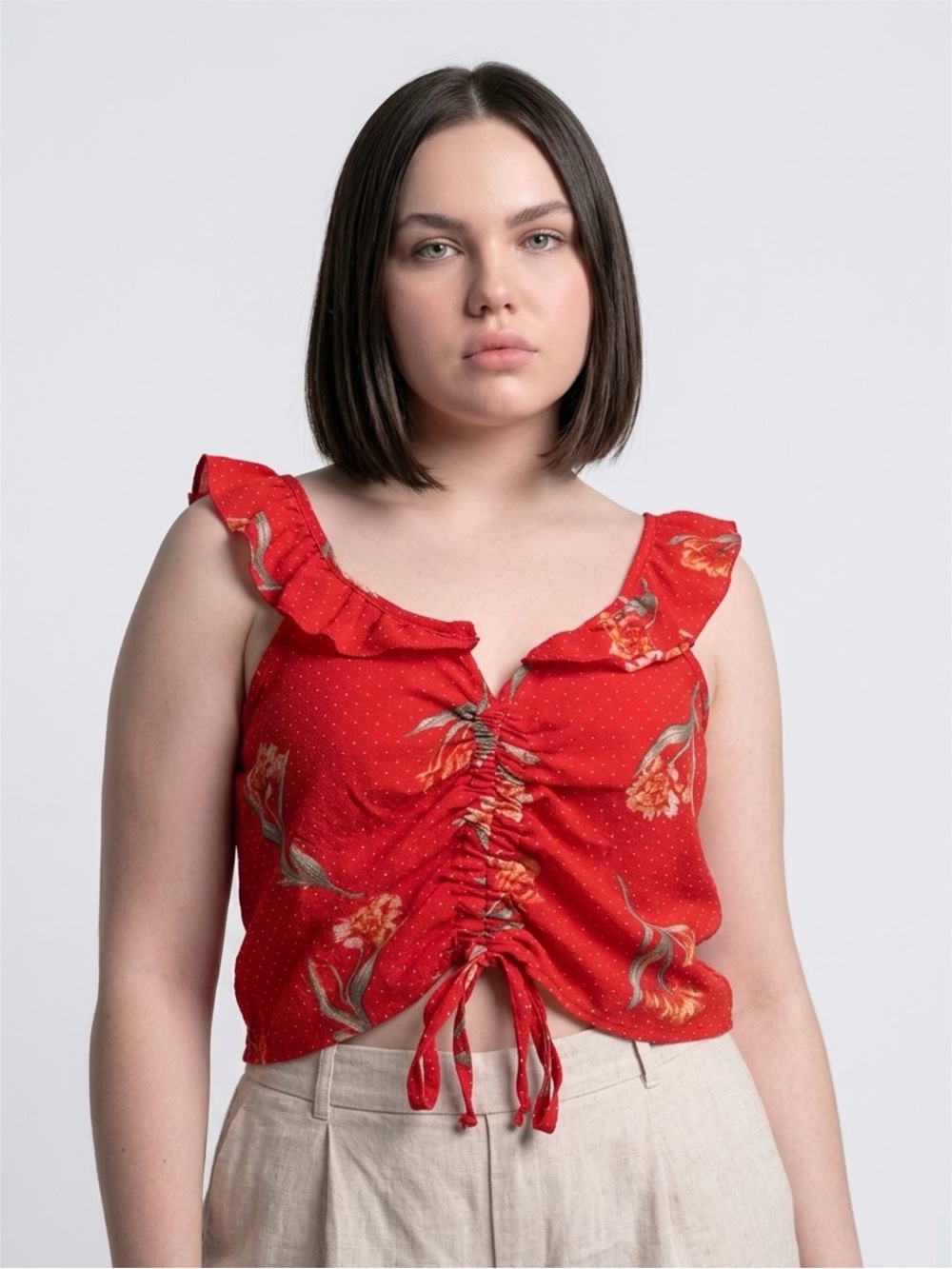 Morning Kisses New York Red Floral Tie-Front Crop Top